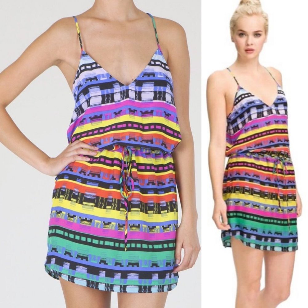 Rory Beca 100% Silk Waiverly Mini Dress Bohemian Print Shift V-Neck Size XS Boho